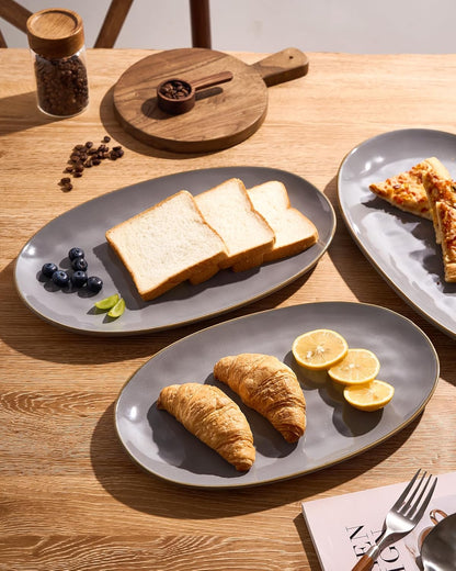 famiware Serving Platter, Oval 15.59/14.3/12.9 inch Serving Dishes for Entertaining, Serving Bowls, Microwave Safe, Fine Stonware Serving Trays for Party, Turkey, Cheese, Ocean Series, Dark Grey