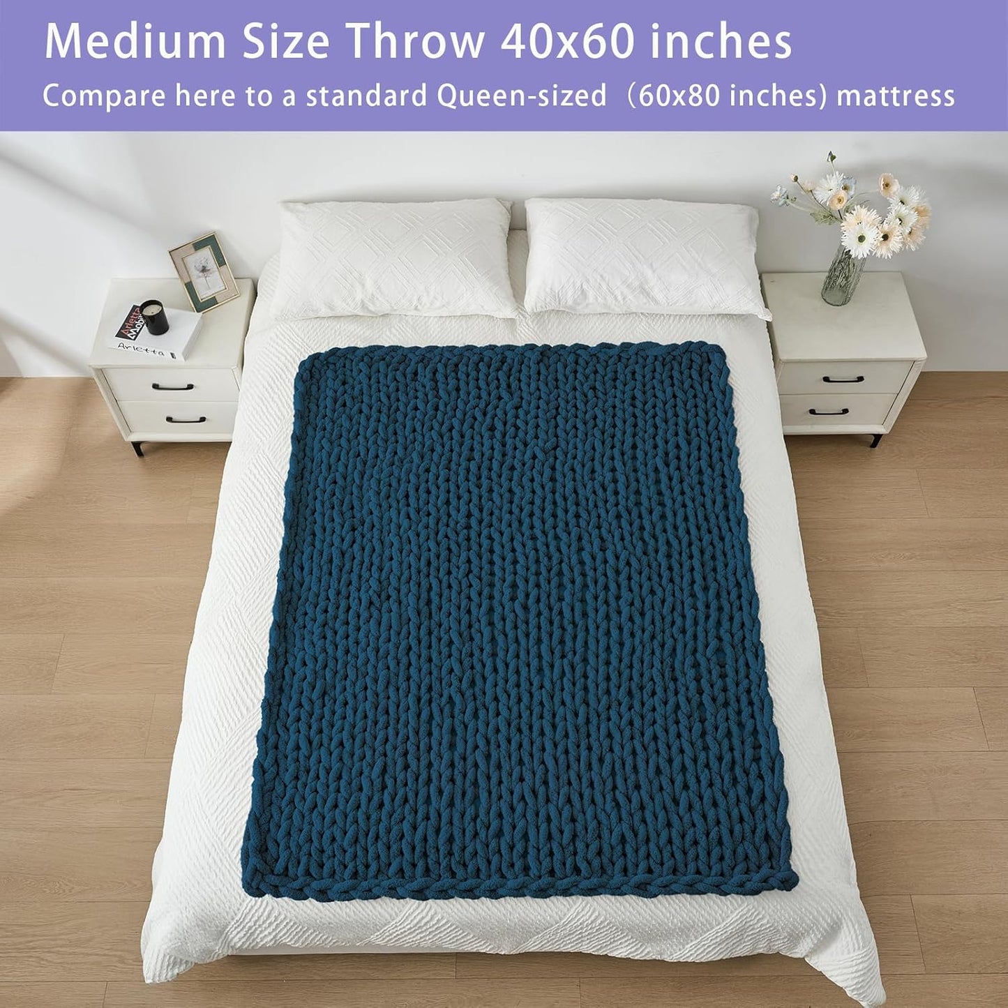 Bigacogo Chunky Knit Throw Blanket for Couch, 40x60 inches, 100% Hand Knitted with Thick Jumbo Chenille Yarn, Cozy Soft Large Rope Knot Cable Crochet Blankets for Sofa Bed Living Room, Deep Sea Blue