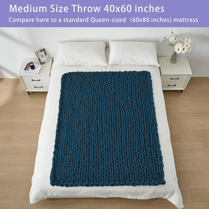 Bigacogo Chunky Knit Throw Blanket for Couch, 40x60 inches, 100% Hand Knitted with Thick Jumbo Chenille Yarn, Cozy Soft Large Rope Knot Cable Crochet Blankets for Sofa Bed Living Room, Deep Sea Blue