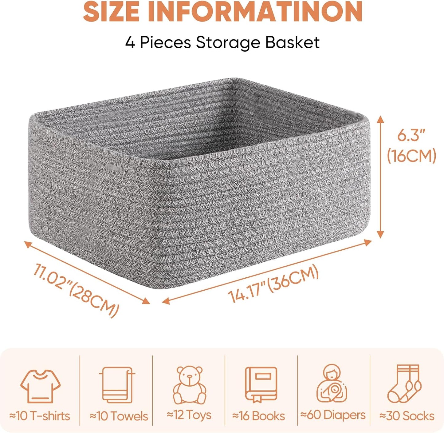 OIAHOMY 4 Pack 14.17*11.02*6.3IN Storage Baskets for Organizing Shelves, Woven Rope Baskets for Organizing Books, Clothes, Decorative Basket for Living Room, Nursery, Bedroom, Gift Basket, Grey
