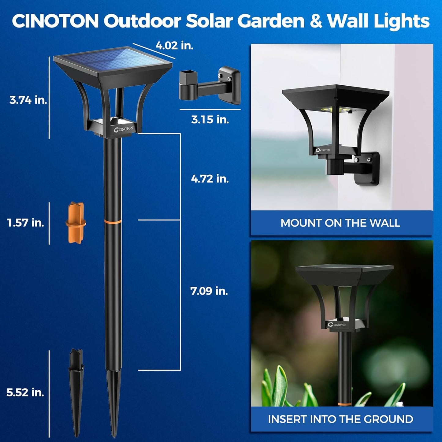 CINOTON 2-in-1 Solar Pathway Lights Outdoor with 4 Lighting Modes, IP65 Waterproof LED Solar Powered Wall Lights for Garden Yard Patio Lawn Porch Walkway Backyard Driveway, Warm & Cold White 4 Pack