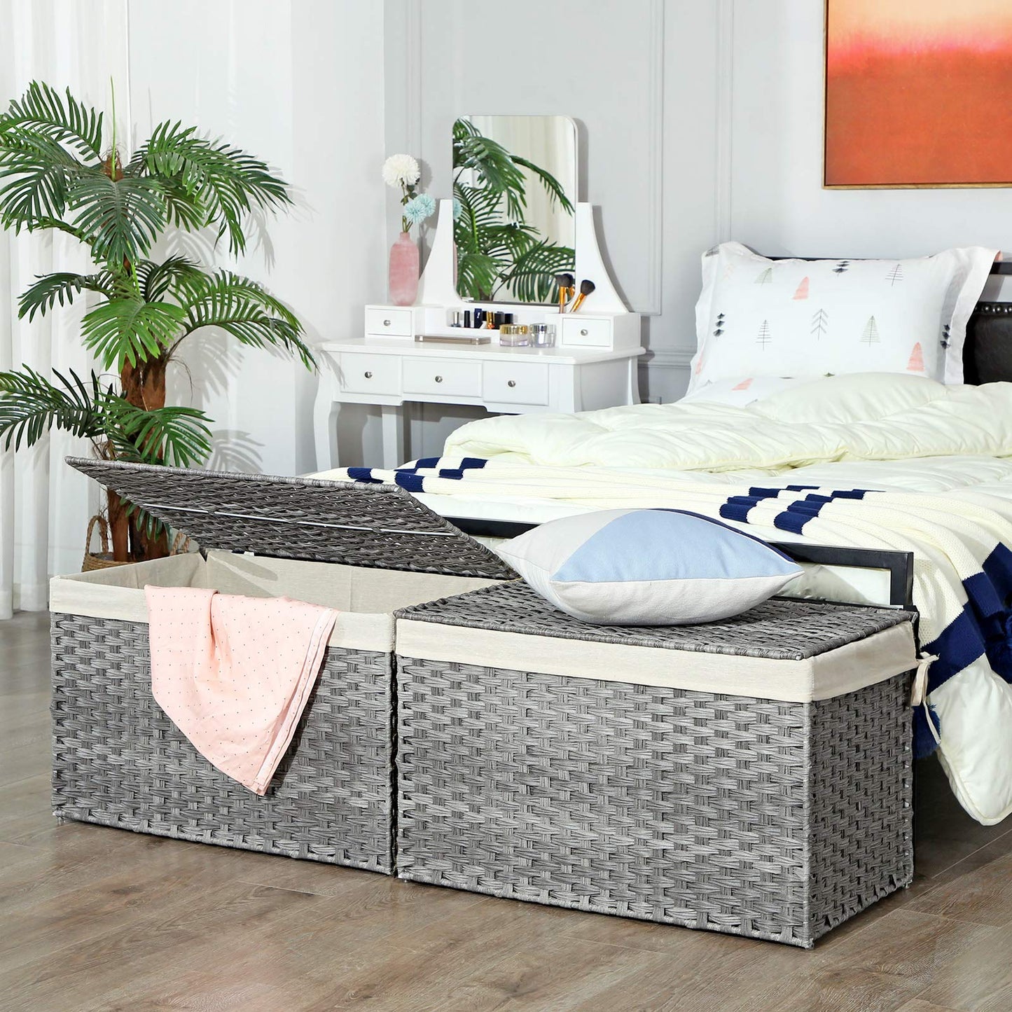 SONGMICS Storage Basket with Lid, Woven Blanket Storage Bin with Handles, Foldable, Removable