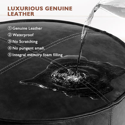 Round Leather Ottoman,Handmade Stuffed Ottoman,Genuine Leather Pouf, Foot Rest Pouf,Comfortable Soft Seating for Living Room & Bedroom (Black, Round)