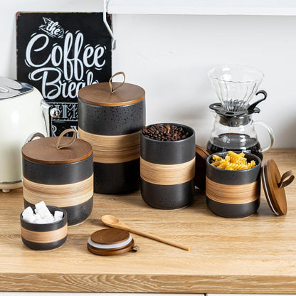 Small Ceramic Jar with Lid, Coffee Container Kitchen Food Storage Jars for Spice Sugar Tea Bag Matcha Container Airtight, Stacairtightkable Decorative Jars for Countertop, Black & 5oz
