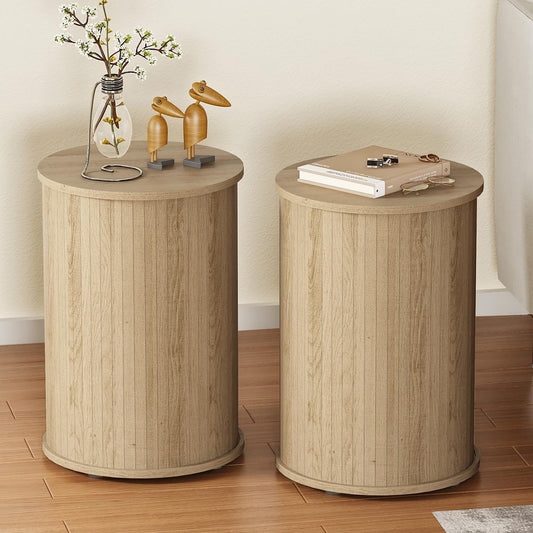 Round Fluted End Table for Living Room, Modern Wooden Sofa Couch Side Table for Small Spaces, 21.9"