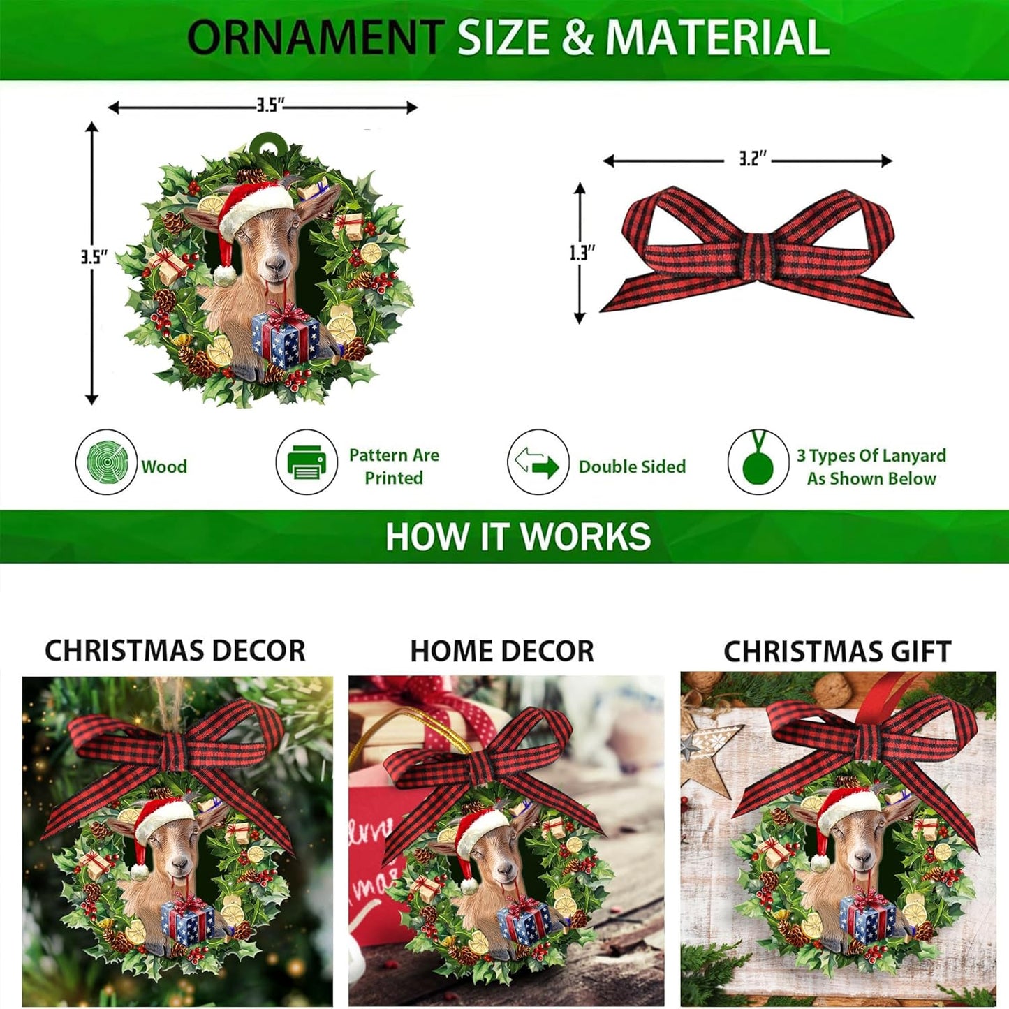 Talataca Goat Wearing A Christmas Hat Wreath Farm Animal Lover 2D Flat Christmas Tree Wood Ornament Decor Wooden Hanging Decoration House Present Xmas Eve Keepsake Decorative