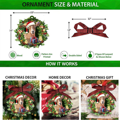 Talataca Goat Wearing A Christmas Hat Wreath Farm Animal Lover 2D Flat Christmas Tree Wood Ornament Decor Wooden Hanging Decoration House Present Xmas Eve Keepsake Decorative