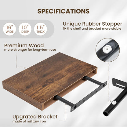 Fun Memories Wood Floating Shelves 16 Inch, 10 Inch Deep Shelves Wall Mount, Wall Shelves with Invisible Bracket, 16" Floating Shelves for Living Room Bathroom Bedroom, Rustic Brown, Set of 2
