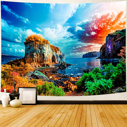 Delur Coastal Ocean Beach Tapestry Tropical Forest Tree Sunrise Sea Landscape Tapestry Wall Hanging Wave Sunset Nature Colorful Spiritual Headboard for Bedroom Living Room Home Decor (51.2" x 59.1")