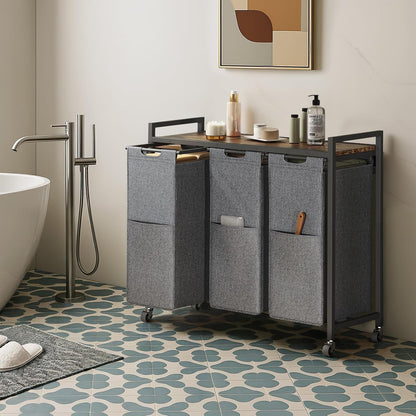 HOOBRO Laundry Sorter 3 Section, Laundry Hamper with Wheels, 3 × 11.5 Gal (43.4L), Rolling Laundry Basket, Pull-Out and Removable Oxford Fabric Laundry Bags, Rustic Brown and Grey BFG76XY01