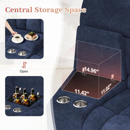 Recliner Sofa Set with 2+1 Pieces, Fabric Manual Pull Tab Reclining Loveseat with Storage Console, Single Recliner Chair for Living Room, RV, Blue