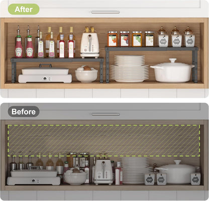 Expandable Cabinet Organizer Shelf With Adjustable Height, Stackable Kitchen Countertop Organizer Rack, Adjustable Shelf Riser For Kitchen Counter, Pantry, Cupboard, Desk, Tabletop