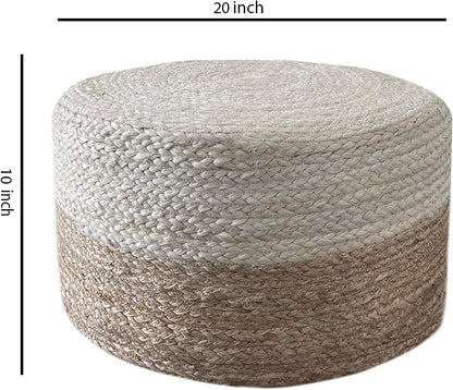 Jute Pouf Ottoman | Footrest Pouf | Hand Braided - Round Boho Pouffe - for Living Room, Bedroom, Nursery (20"x20"x10") Ivory