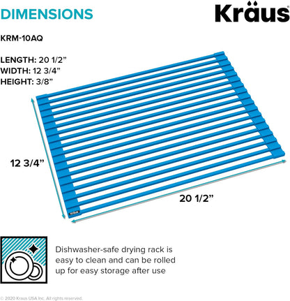 KRAUS Multipurpose Over-Sink Roll-Up Dish Drying Rack, Colander and Trivet in Aqua, KRM-10AQ