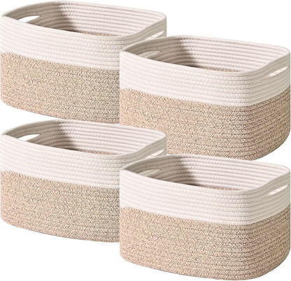Storage Baskets for Shelves, Woven Storage Basket, Bins for Cube Storage, Cotton Rope Basket with Handles for Toy, Book, and Clothes Living Room, (4 Packs) Off White & Brown