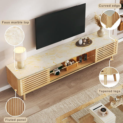 70" Mid Century Modern TV Stand for 55/65/75 Inch TV, Faux Marble Top Entertainment Center with Slatied Sliding Door & LED Lights, Low TV Console with Glass Shelves for Bedroom, Living Room