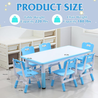 Kids Table and 6 Chairs Set with Graffiti Desktop, Toddler Furniture Set, Non-Slip, Table Children Study Desk, Dining Table, Height Adjustable Desk, Painting Desktop for Kids (47.2x23.6Inch)
