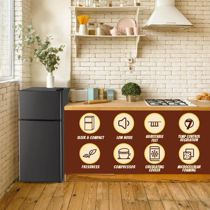 2.4 Cu.ft Mini Fridge with Freezer Compact Fridge Refrigerator Dual Door Small Fridge Senven Temp Gear Removable Shelves Dark Grey