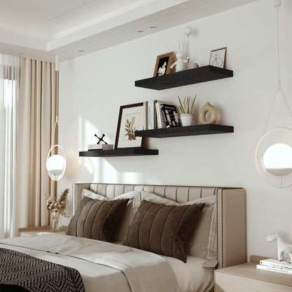 Black Floating Shelves for Wall Mounted, 24 inchs x 9.1” Deep x 1.5” Thick Wall Shelves for Bedroom, Living Room, Bathroom，Kitchen, Office, Home Decor Shelf with Invisible Bracket - Set of 2