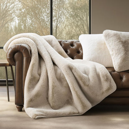Luxury Soft Faux Chinchilla Fur Throw Blanket for Couch, Warm Thick Heavy Winter Throw Blanket 1220GSM for Bed, Fluffy Cozy Mink Blanket with Reversible Velvet, Birch Mink, 50"x60"