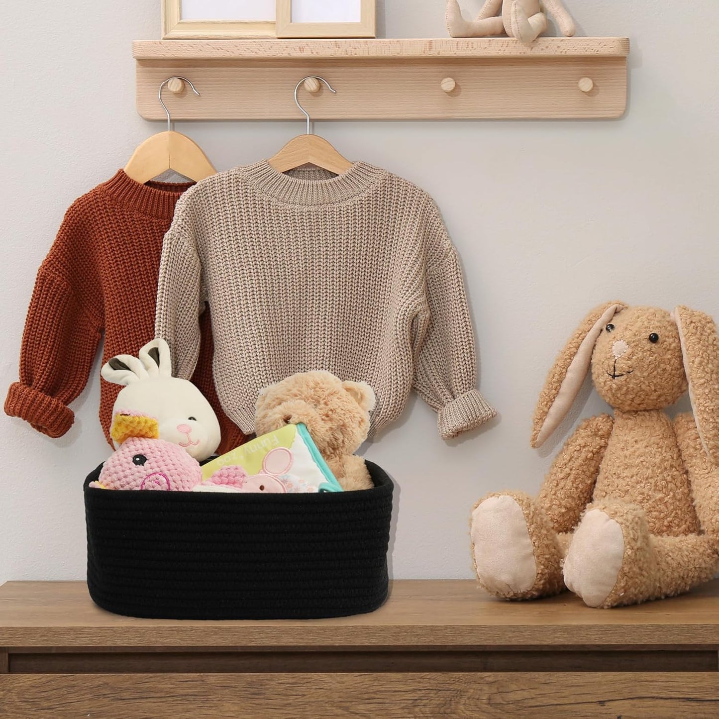 Small Woven Storage Baskets 13“X9”X5“ Decorative Rope Bins for Organizing Shelves, Closets, and Toys, Empty Gift Baskets, Cute Organizer Basket for Home and Office (black, Large)