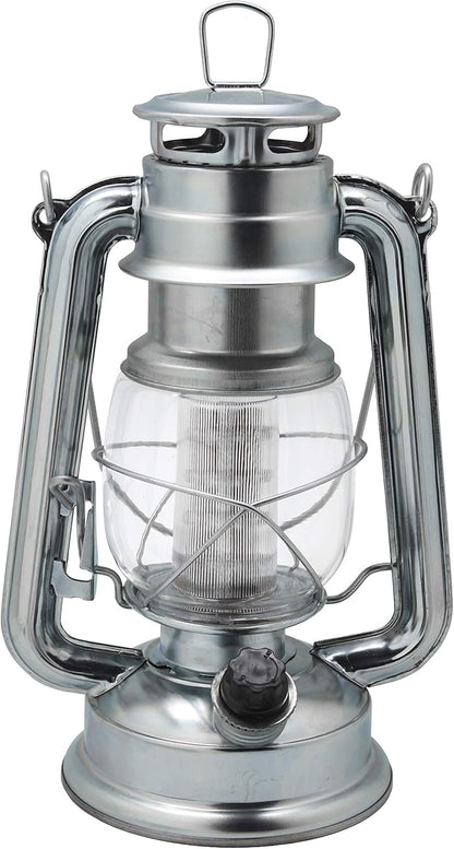 YAKii LED Vintage Lantern Metal Hanging Hurricane 12 LED Dimmer Switch Cold White Battery Operated Power Outage Indoor Camping Lighting Outdoor Brooklyn Decoration(Silver)