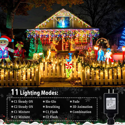 KNONEW Christmas Lights Outdoor Color Changing 400 LED 33ft 11 Modes Curtain Fairy String Light with 75 Drops, Clear Wire LED Lights for Wedding Party Holiday Christmas (Warm White to Multicolor)