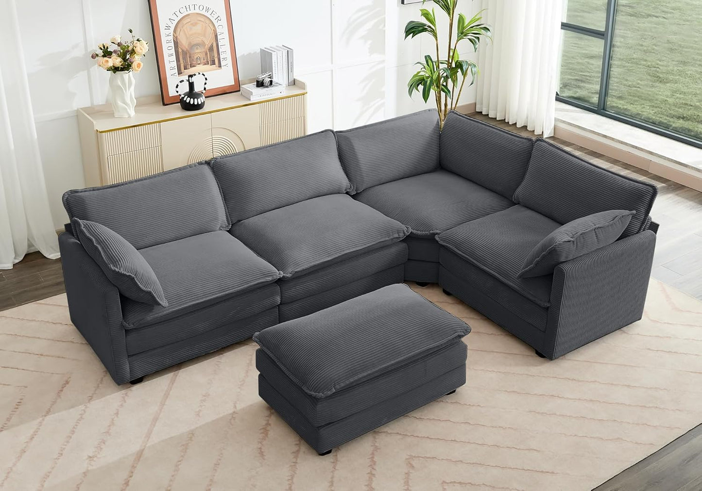 ROWHY 113'' Modular Sectional Cloud Couch, 5 Seater Corner Sofa Big Comfy Corduroy Oversized L Shaped Couch with 2 Pillows, Ottoman, Deep Seat Sectional Couches for Living Room Office, Dark Grey