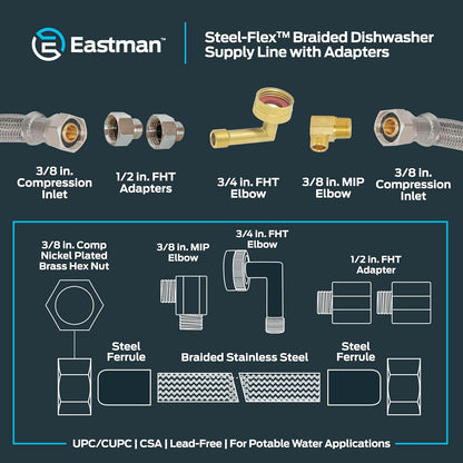 Eastman Dishwasher Installation Kit, 8 Foot Hose with Adapters, 3/8 Inch MIP x 3/4 Inch FHT Elbows, Braided Stainless Steel Connectors, 41132