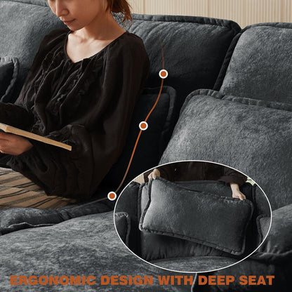 113" Oversized Cloud Couch, U Shape Sectional 4 Seat Sofa with Double Chaises, 2 Layer Cusions, Deep Seat Comfy Sofa, Upholstery Chenille Fabric for Living Room, Dark Grey