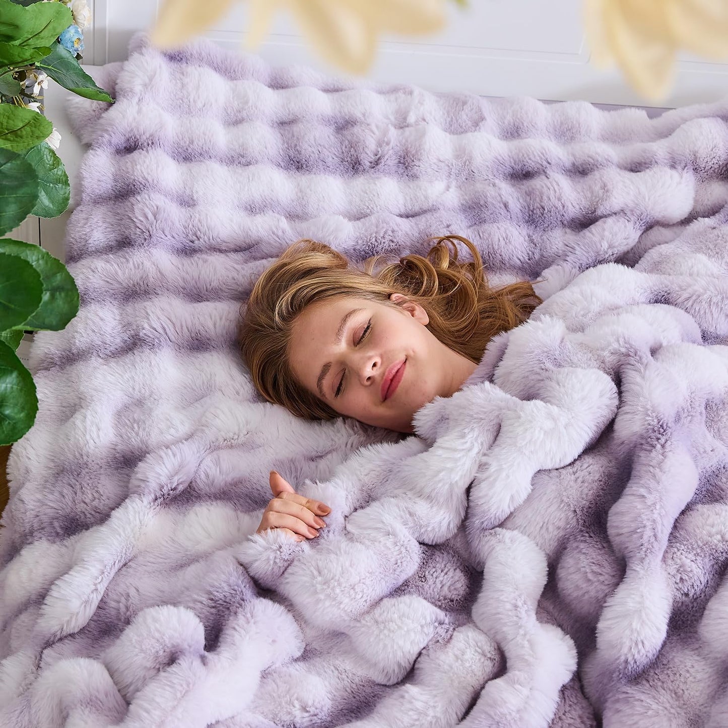 Lotus Karen Faux Fur Throw Blanket Tie-Dye Purple - Big Bubble Rabbit Fluff Blanket for Couch, Large Fluffy Fuzzy Cozy Blanket,Thick Furry Plush Shaggy Blankets,108x90 Inches