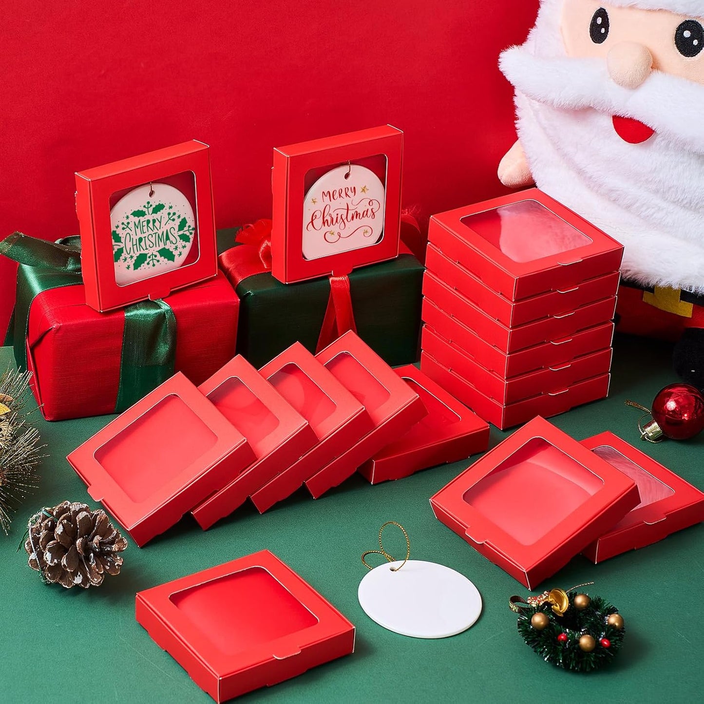25 Pcs Sublimation Ornament Blanks Box 3.6"x3.6"x0.7" Christmas Ornaments Holder Ceramic Discs Packaging Box with Window for Personalized Xmas Tree Blanks Bulk (Red)
