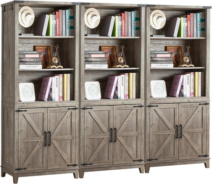 5 Tier Bookshelf 70in Tall Bookcase with Barn Doors and Storage Cabinet, Grey Farmhouse Book Shelf with Adjustable Shelves, Wood Freestanding Display Bookshelves for Bedroom, Kitchen (3PCS)