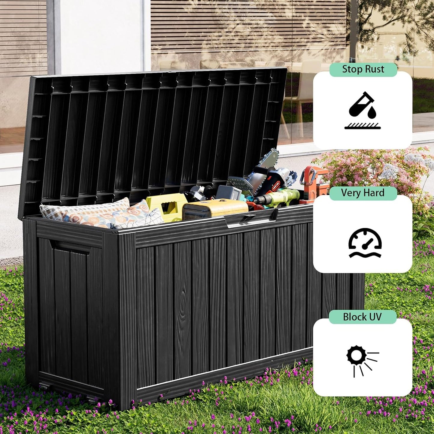 Vixzen 75 Gallon Resin Deck Box, Lockable Outdoor Storage Box for Patio Cushions Storage Furniture,Garden Tools, Pool Supplies, Weatherproof and UV Resistant- Black