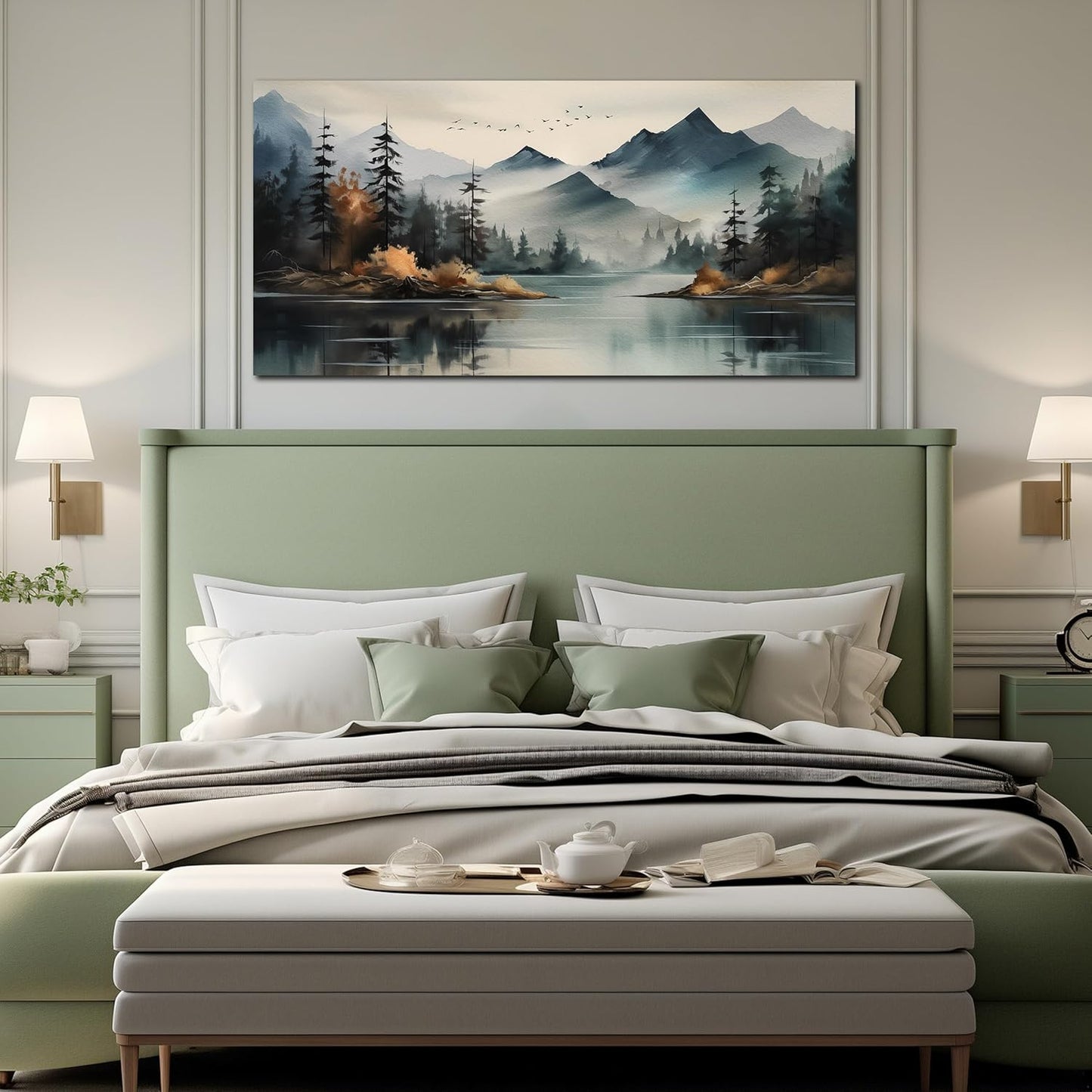 Rustic Wall Art for Living Room Large Size Teal Mountain Tree Landscape Canvas Wall Art for Bedroom Office Decor 29 x 59 Inch