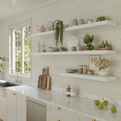 Large Floating Shelves for Wall Set of 3 Wooden Wall Shelves 36 in x 12.75 in x 2 in Room Decor Long Shelf with Invisible Wall Mount Bracket for Bedroom Kitchen Living Room White