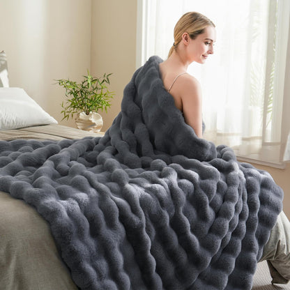 BENVWE Faux Fur Throw Blanket for Couch Bed - Fluffy Soft Thick Bubble Blanket for Living Room Home Decor - Fathers Day Birthday Gifts for Women Men, Grey, 63" x 80"