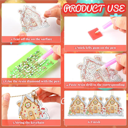 Tondiamo 20 Pcs Christmas Diamond Painting Keychain Kits 5D DIY Diamond Art Pendants Double Sided Hanging Key Chains for Christmas Party Decoration DIY (Gingerbread House)