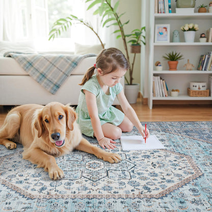 DCX Machine Washable Blue and Beige Area Rugs 5x7, Non Slip Stain Resistant Vintage Floral Rug for Living Room Bedroom Nursery, Soft Low Pile Large Carpet