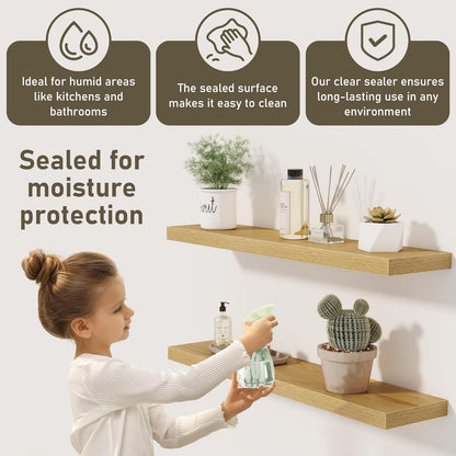 Fun Memories 32 Inch Floating Shelves Wall Shelf Set of 3, Rustic Farmhouse Home Decor Kitchen Living Room Shelves Wall Mounted, 32 x 6.7 x 1.4 Inch, Oak Color