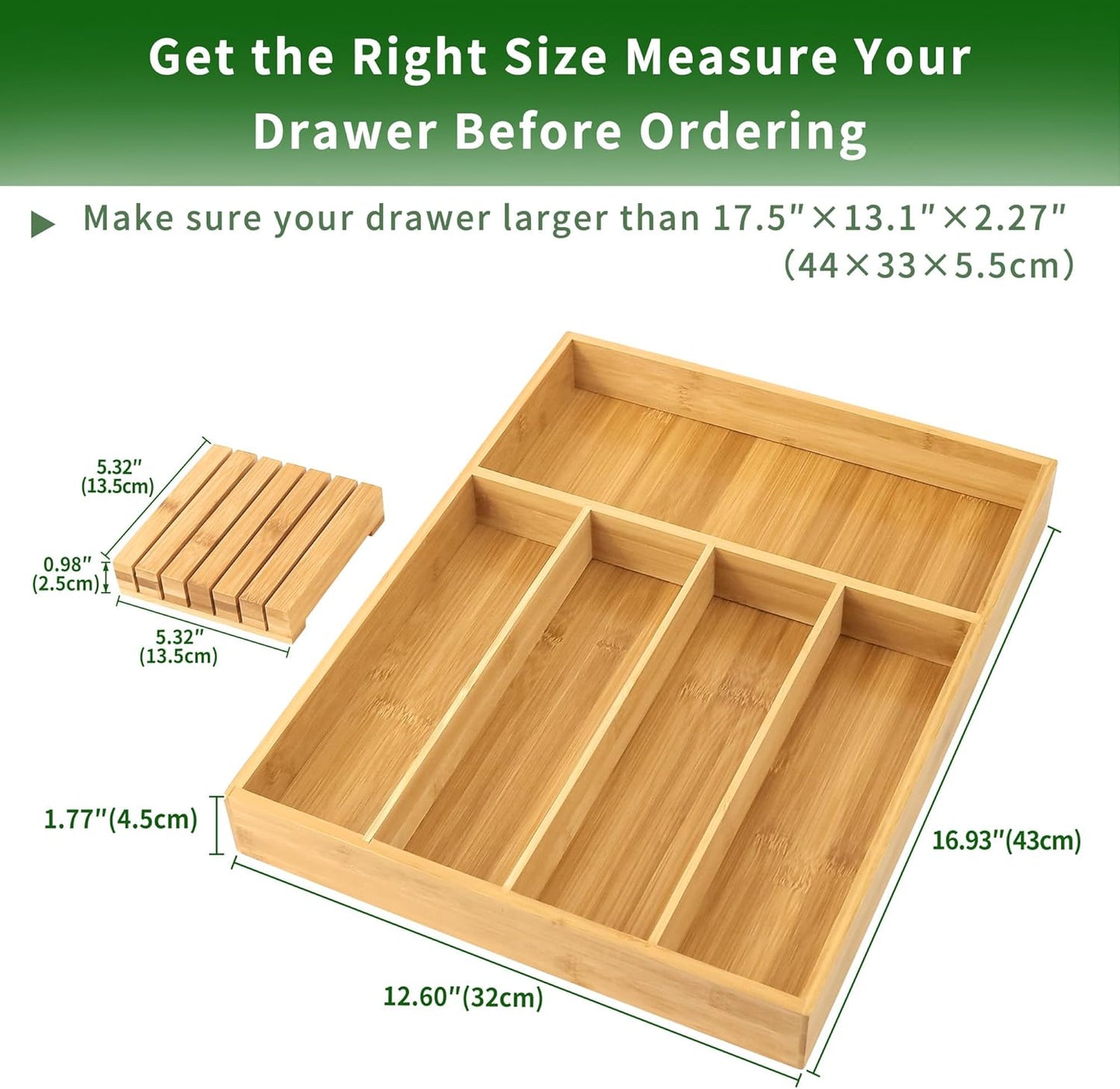 VaeFae Bamboo Silverware Organizer (Non-expandable), Utensil Holder for Drawer, Wooden Cutlery Tray with Divider for Kitchen Drawer, Utensil Organizer with Knife Block