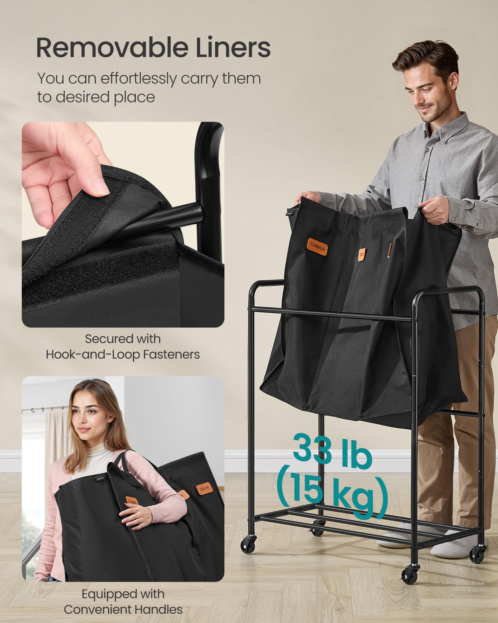 SONGMICS 3-Section Laundry Sorter, Laundry Hamper with Wheels, Rolling Clothes Hamper Cart with