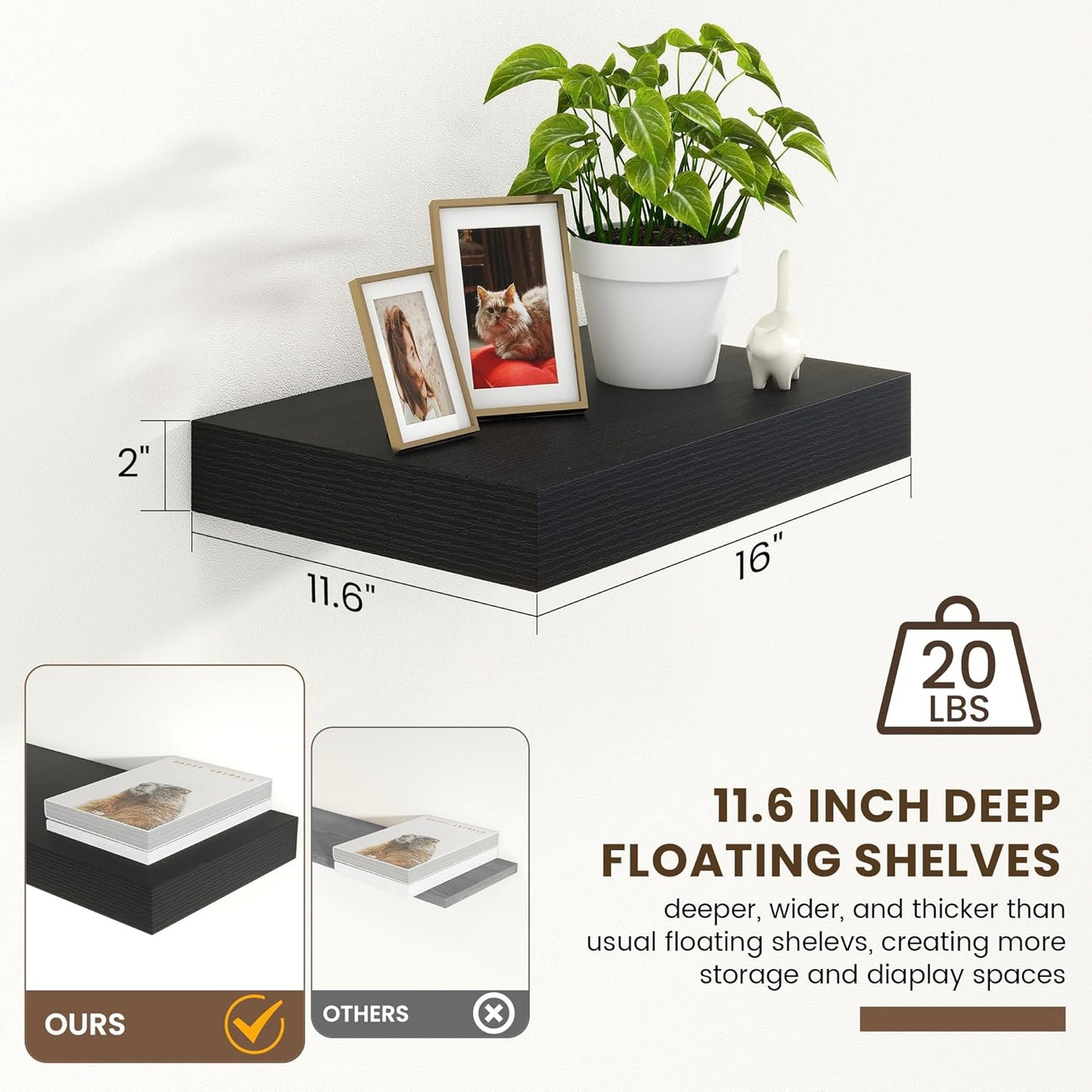 Black Deep Floating Shelves for Wall | 16 Inch Wide x 12 Inch Deep Floating Shelves Set of 2 | Rustic Wood Wide Wall Shelves | Bookshelf Laundry Shelf TV Shelf