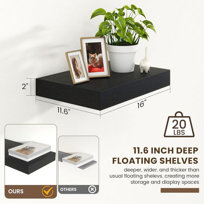 Black Deep Floating Shelves for Wall | 16 Inch Wide x 12 Inch Deep Floating Shelves Set of 2 | Rustic Wood Wide Wall Shelves | Bookshelf Laundry Shelf TV Shelf