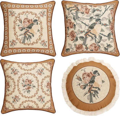 patdrea Designer Vintage Floral Throw Pillow Covers for Couch Set of 4,Brown Yellow Linen Pillowcases with Bird and Rose Pattern Decorative Cushion Cover for Bedroom Living Room Outdoor Car Cafe