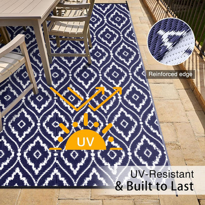 OLANLY Outdoor Rug 9x12 ft Waterproof, Outdoor Plastic Straw Rug with Geometric Pattern Clearance, Reversible RV Mat for Patio, Camping, Balcony, Deck, Backyard, Navy & White