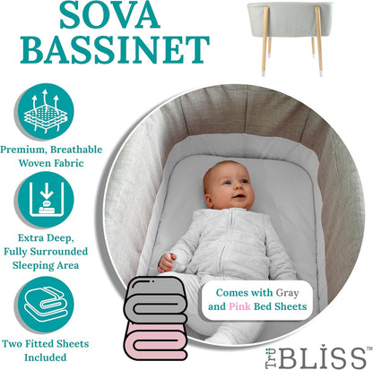 Sova Portable Baby Bassinet, Mid-Century Design with Extra Deep Walls for Newborns and Babies Safety, Includes 2 Fitted Sheets and Padded Mattress (Glacier Grey)