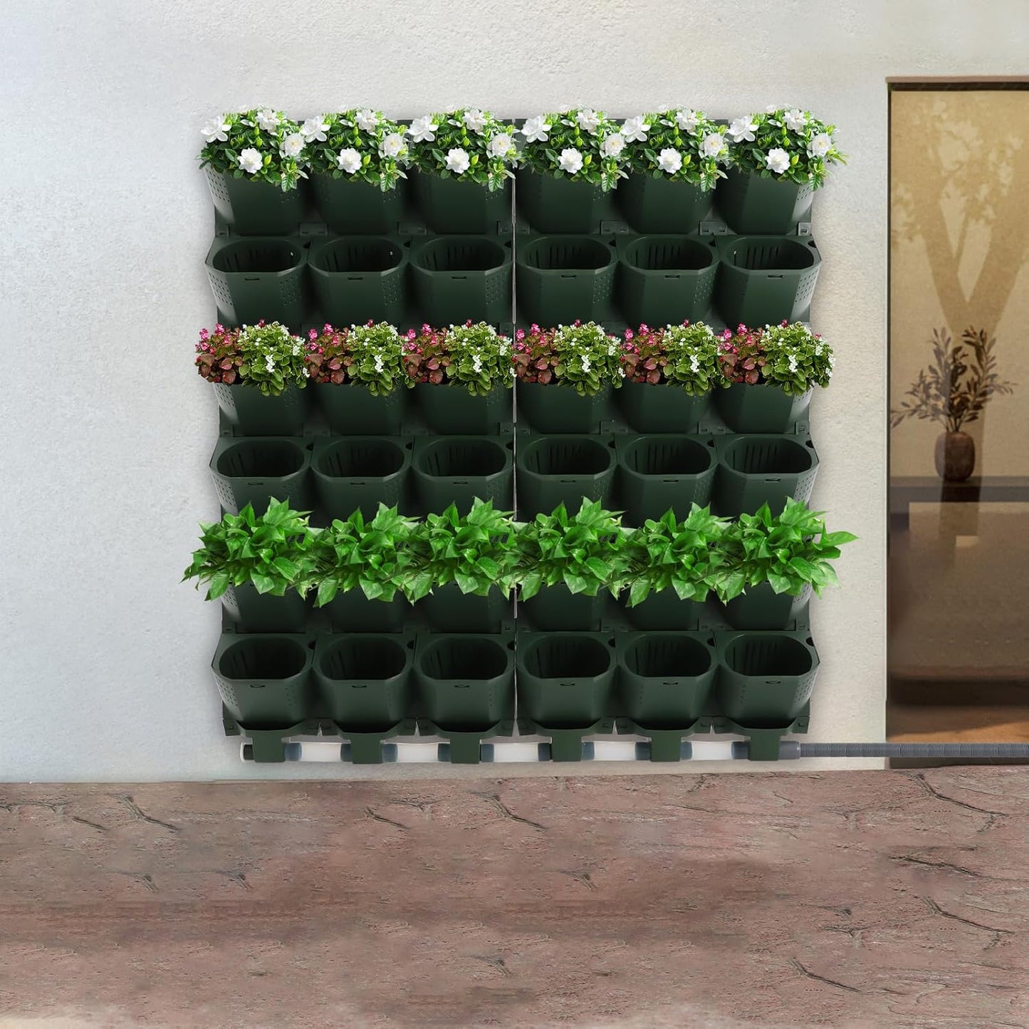 Wall Mounted Vertical Garden Planter, 6 Row 36 Plant Grow Pots, Self-Watering Vertical Planters with Timer, Indoor Outdoor Green Wall Decoration for Strawberries Flowers Herbs