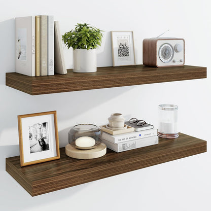Marsmiles 30" Floating Shelves for Wall, Wooden Shelves with Invisible Brackets Set of 2, Rustic Farmhouse Wall Mounted Shelf for Kitchen Bathroom Living Room Study, Walnut