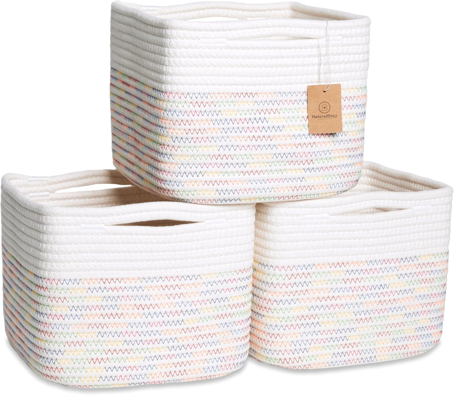 NaturalCozy Storage Cubes 9”x9”x7”Cotton Rope Woven Baskets for Organizing 3-Pack | 9 Inch Cube Storage Bin | Small Basket for Shelf Nursery, Pantry, Decorative Plant, Bathroom Closet, Toy Gift